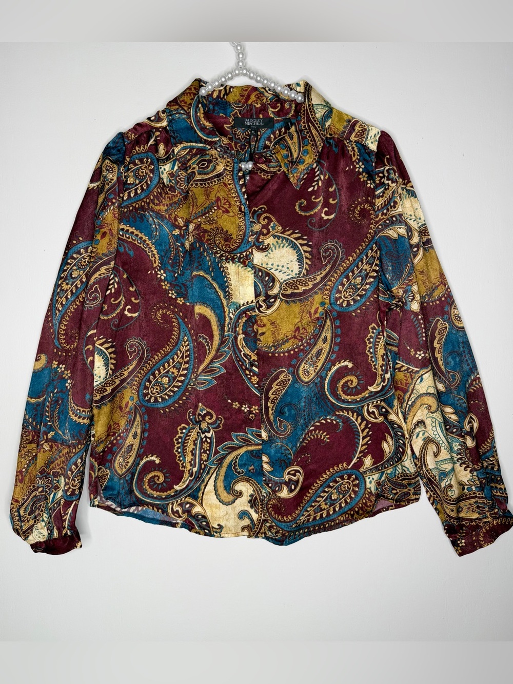Badgley Mischka Paisley Button-Down Shirt Burgundy Blue & Mustard Size PLarge